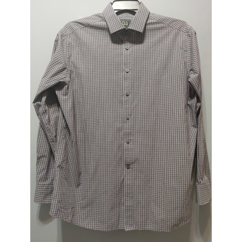 Jos A Bank Traveler Tech Business Shirt Mens L Gray Purple Plaid Neck 17.5